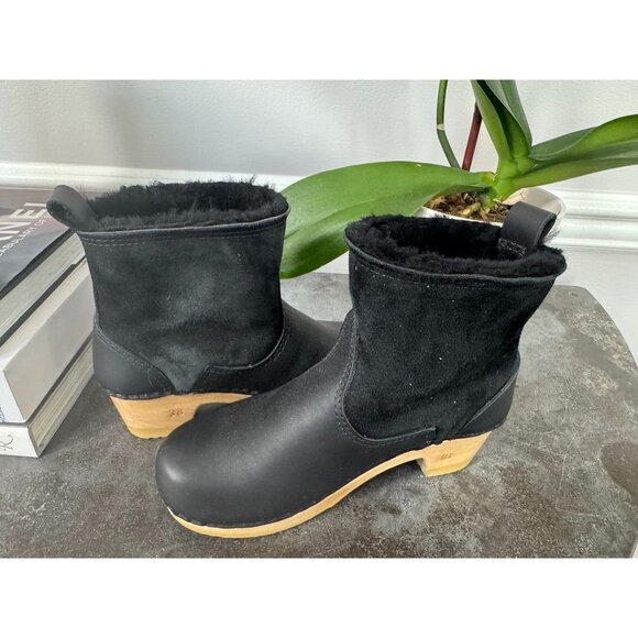 No. 6 Pull-on Shearling Wood Clog Boots on Mid Heel Black Suede Women's 38 - Picture 5 of 8
